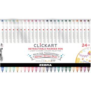 Zebra Pen ClickArt Retractable Marker Pen, Fine Point, 0.6mm, Assorted Light & Dark Ink Colors, 24-Pack, 69824