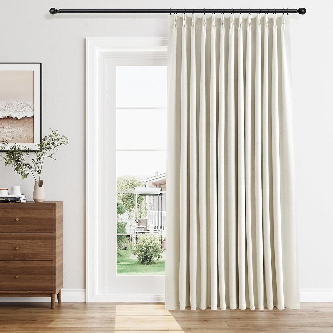90 Inch Pinch Pleated Linen Blackout Curtains for Living Room Natural Cream 100% Light Blocking Extra Wide Black Out Curtains Farmhouse Pinch Pleat Drapes for Dining Bedroom Office 1 Panel 70"Wx90"L