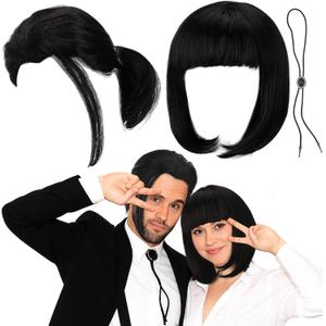 7 Pcs Halloween Classic Film Character Couples Accessories Costume Set Short Black Pigtail Synthetic Hair Wigs Bolo Tie Straight Bob Wig Retro 90s Movie Cosplay Set for Adult Couple Cosplay
