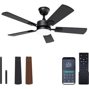 VOLISUN Ceiling Fan with Light, 42 inch Flush Mount Ceiling Fan with Lights and Remote, Dimmable LED Fan Light, Low Profile Ceiling Fan, Black Modern Ceiling Fan for Bedroom, Indoor/Outdoor