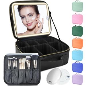 SUILU Makeup Bag with Led Mirror,Travel Makeup Organizer with 3 Color Setting, Portable Storage and Adjustable Dividers Travel Makeup Bag(Black)