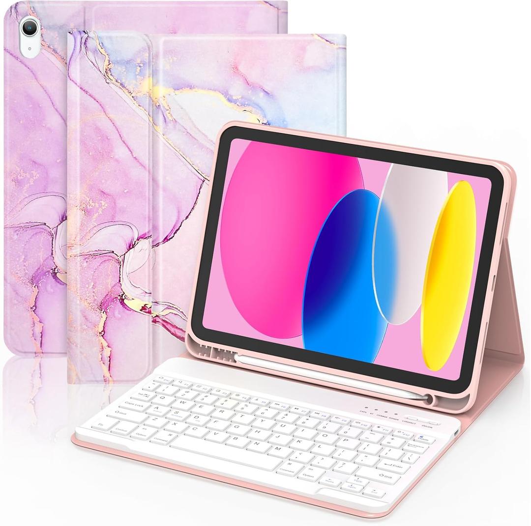 ZXA for iPad 11th 10th Generation Case with Keyboard - Wireless Detachable Folio Keyboard Cover with Built-in Pencil Holder for iPad A16 11 Inch 2025 / 10th Gen 10.9 Inch 2022, Marble Pink
