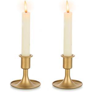 Gold Taper Candle Holder Set of 2, Hewory Short Skinny Brass Candlestick Holders, Vintage Small Low Metal Candles Sticks for Wedding Centerpieces Christmas Birthday Party Holiday Dinning Table Decor