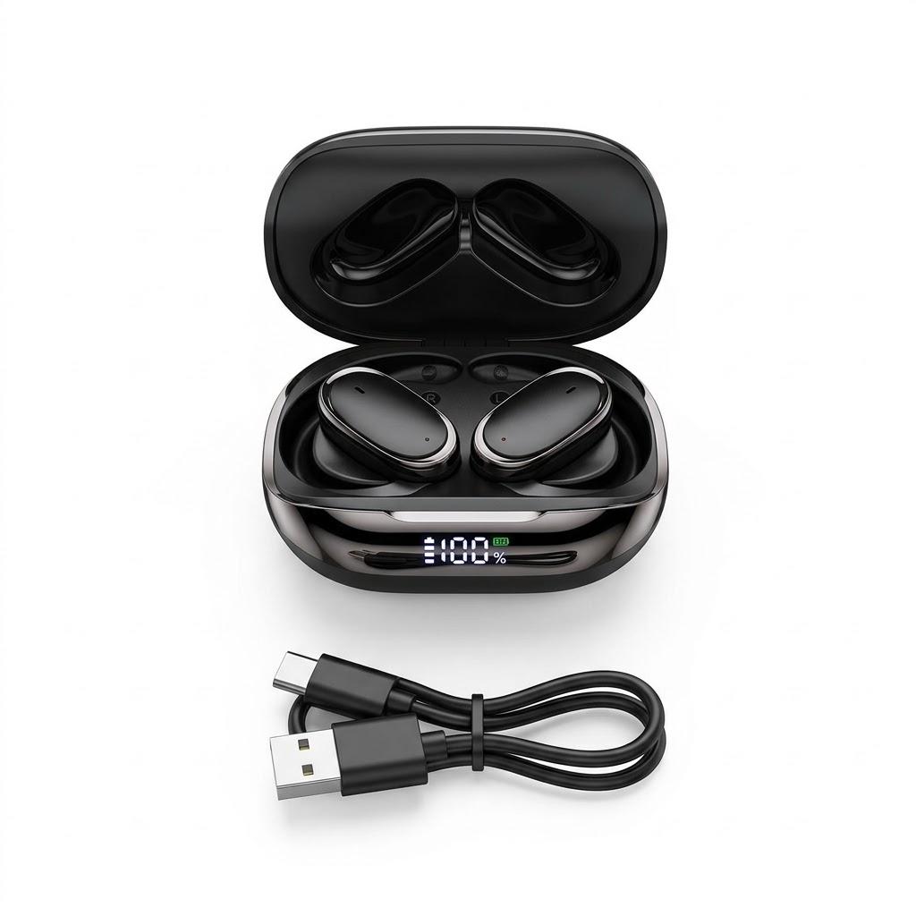 Helix True Wireless Open-Ear Earbuds with LCD Display Charging Case, Black