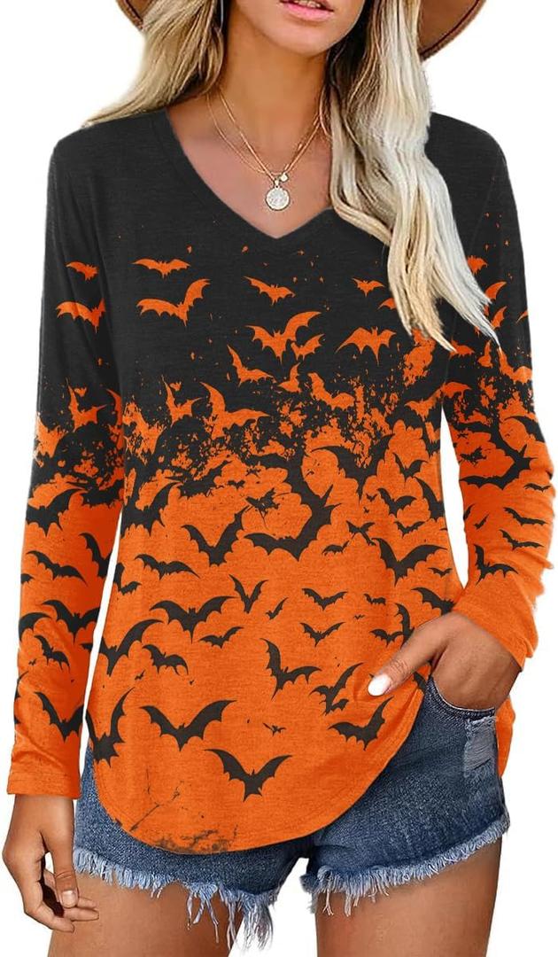 Casual V Neck Shirt for Women Funny Letter Graphic Long Sleeve Tee Holiday Party Family Matching Tops (X-Large, Black-bat02)