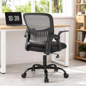 Sweetcrispy Home Office Managerial Executive Chair, Flip Up Armrest Ergonomic Mesh Adjustable Swivel Mid-Back Computer Desk Chair with Comfortable Lumbar Support, Comfy Arms for Bedroom,Study (Black)