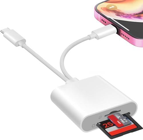 Denlane SD Card Reader for iPhone iPad, USB C & Lightning Dual Interface Memory Card Reader, Digital Camera Adapter to iPhone/MacBook/USBC Laptop for SD/TF/Sim Card, Plug & Play, Camera Accessories