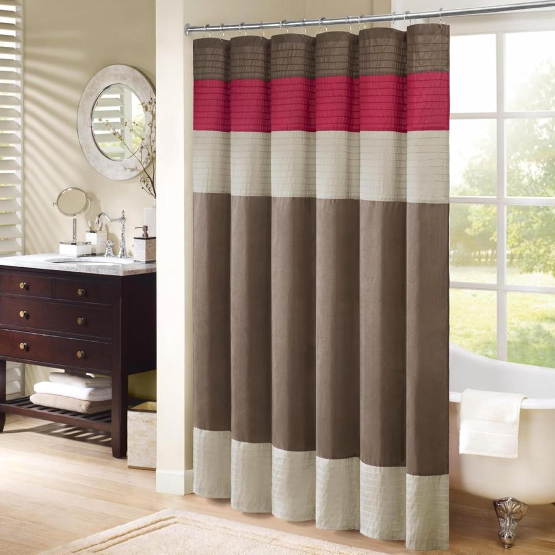 Madison Park Amherst Bathroom Shower Curtain Faux Silk Pieced Striped Modern Microfiber Bath Curtains, 72x72 Inches, Red