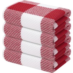 Mordimy 100% Cotton Waffle Weave Kitchen Towels, 13 x 28 Inches, Super Soft and Absorbent Buffalo Check Dish Towels for Drying Dishes, 4-Pack, Red & White