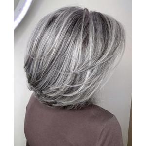 RENERSHOW Short Grey Bob Wig with Curtain Bangs for White Women Chin Length Gray Highlight Wigs Synthetic Natural Look Salt N Pepper Wig