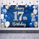 Happy 17th Birthday Decorations,17th Blue & Silver Balloon Large Birthday Banner Backdrop Sign,Cheers to Seventeen Years Old Bday Party Supplies