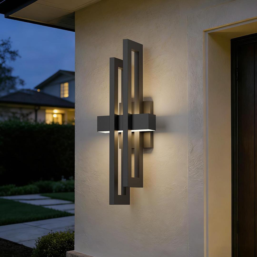 23.6 Inch Up Down Linear Outdoor Wall Light Fixtures, 2700K LED Modern Exterior Lighting Wall Mount Sconces with Rectangle Frame, IP65 Waterproof Outside Porch Lights for House Garage Yard