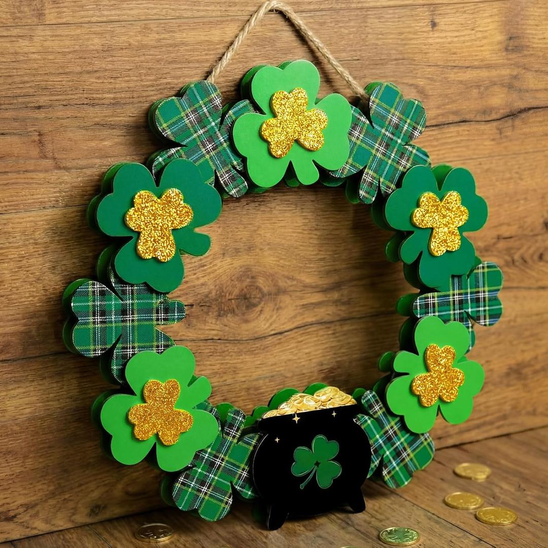 Yookeer St. Patrick's Day Door Decoration Shamrock Wreath for Front Door 3D Shamrock Gold Coin Jar Leprechaun Hat Wooden Hanging Sign Irish Green Clover Lucky Hanging Home Wall Decor(Cute Style)