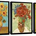 OKEXCKK Black Framed Sunflowers- Irises Flower Vase Vincent Van Gogh Art Reproduction, Giclee Canvas Prints Wall Art for Home Decor, SIze: 16" x 24" x 3pcs Frame