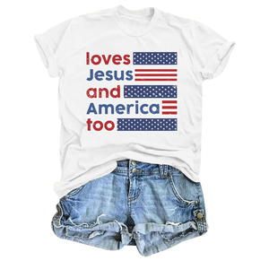 American Flag Shirts Women 4th of July Shirt Loves Jesus and America Too Tshirt Patriotic Short Sleeve Tops,L