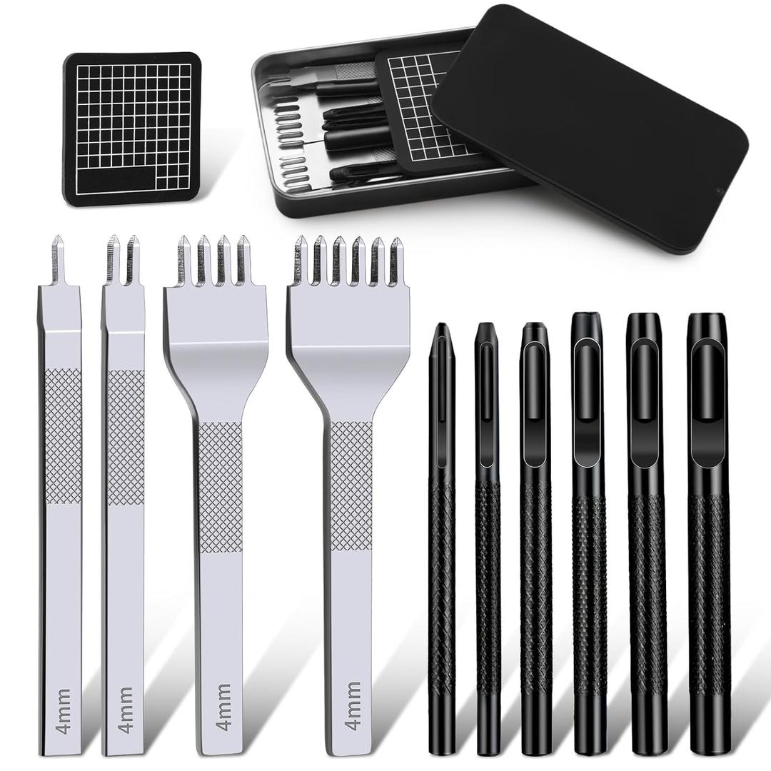 Leather Stitching Punch Hole Punch Tool Set, 4mm 1/2/4/6 Prong Punch Chisel, Round Hole Punch for Belt, Watch Band, Leather Strap DIY Crafts