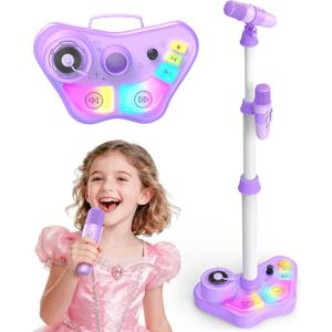 Kids Stand Rechargeable Karaoke Machine Toys with 2 Wireless Mic, Microphone Gifts for 3 4 5 6 7 8 Year Old Girls Grandkids, Bluetooth Speaker with LED Lights Birthday Gift for Age 3-8 (Purple)