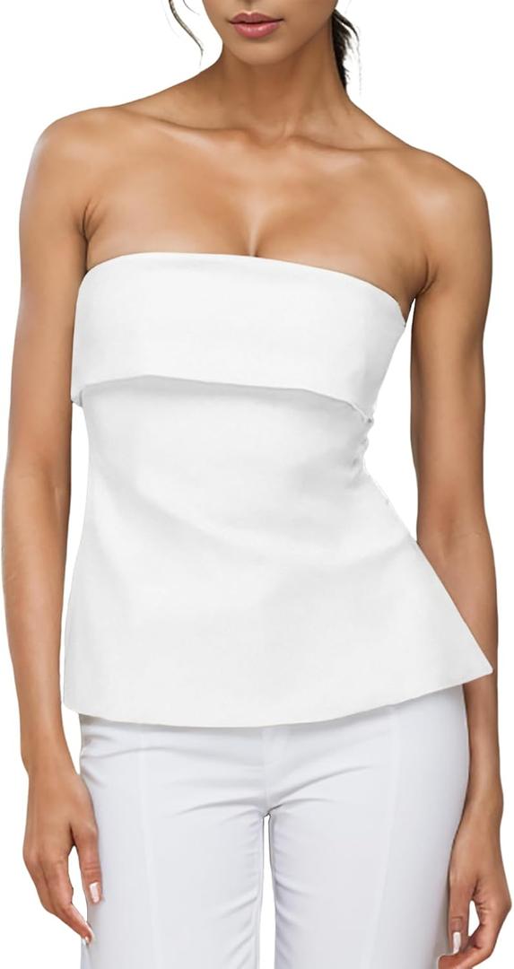Strapless Tube Tops for Women Backless Going Out Bandeau Top Sexy Trendy Off Shoulder Side Split Summer Bustier Tops (Large, White)
