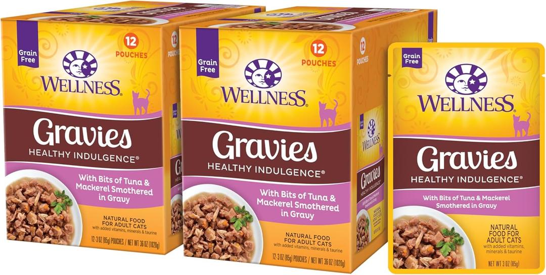Wellness Healthy Indulgence Gravy Adult Wet Cat Food, Natural, Protein-Rich, Grain Free, 3 Ounce Pouch, 24 Pack, (Tuna & Mackerel) Best By: 09/NOV/2027