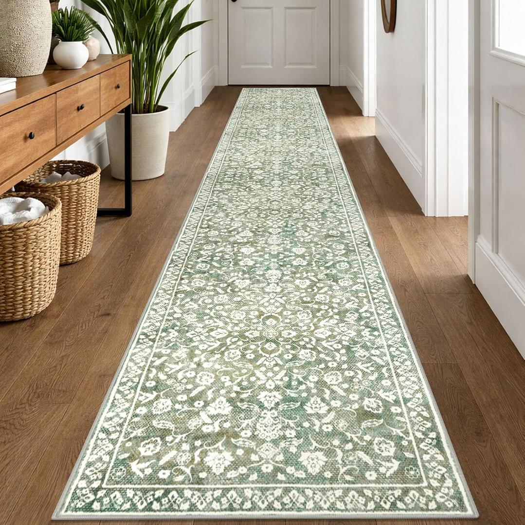 Vintage Runner Rugs for Hallway 2x12, Sage Green Beige Washable Extra Long Hallway Runner Rug Non Slip, Super Soft Kitchen Runner Rug, Print Faux Wool Floral Thin Carpet Hall Runner