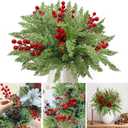 55 Pcs Artificial Christmas Flowers, 12" Faux Evergreen Cypress Pine Branches with Red Berry Stems, Greenery Fake Pine Needle Picks Flower for Xmas Vase Decor Winter Indoor Outdoor Holiday Decorations