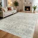 DEXI Area Rugs for Living Room, 8x10 Washable Low Pile Vintage Traditional Rug for Bedroom, Non Slip Large Indoor Carpet for Dining Office Nursery, Beige Blue