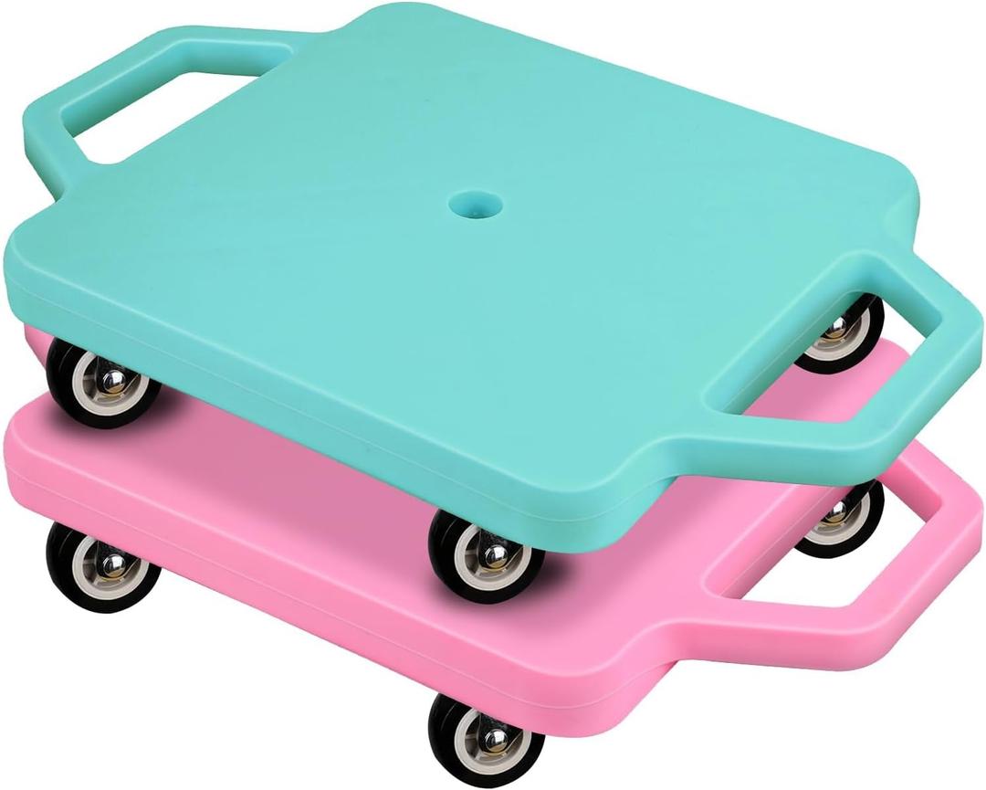 2 Pcs Sports Scooter Board with Handles Colored Floor Sitting Scooter Board with Plastic Casters for Kids Gym Indoor Outdoor Activities Play Equipment