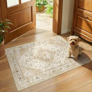 Washable 2x3 Entryway Rug: Vintage Area Rugs Non Slip Carpet Retro Floral Door Mat for Bedroom Kitchen Living Room Entrance, Small Soft Thin Stain Resistant Neutral Rug, Beige