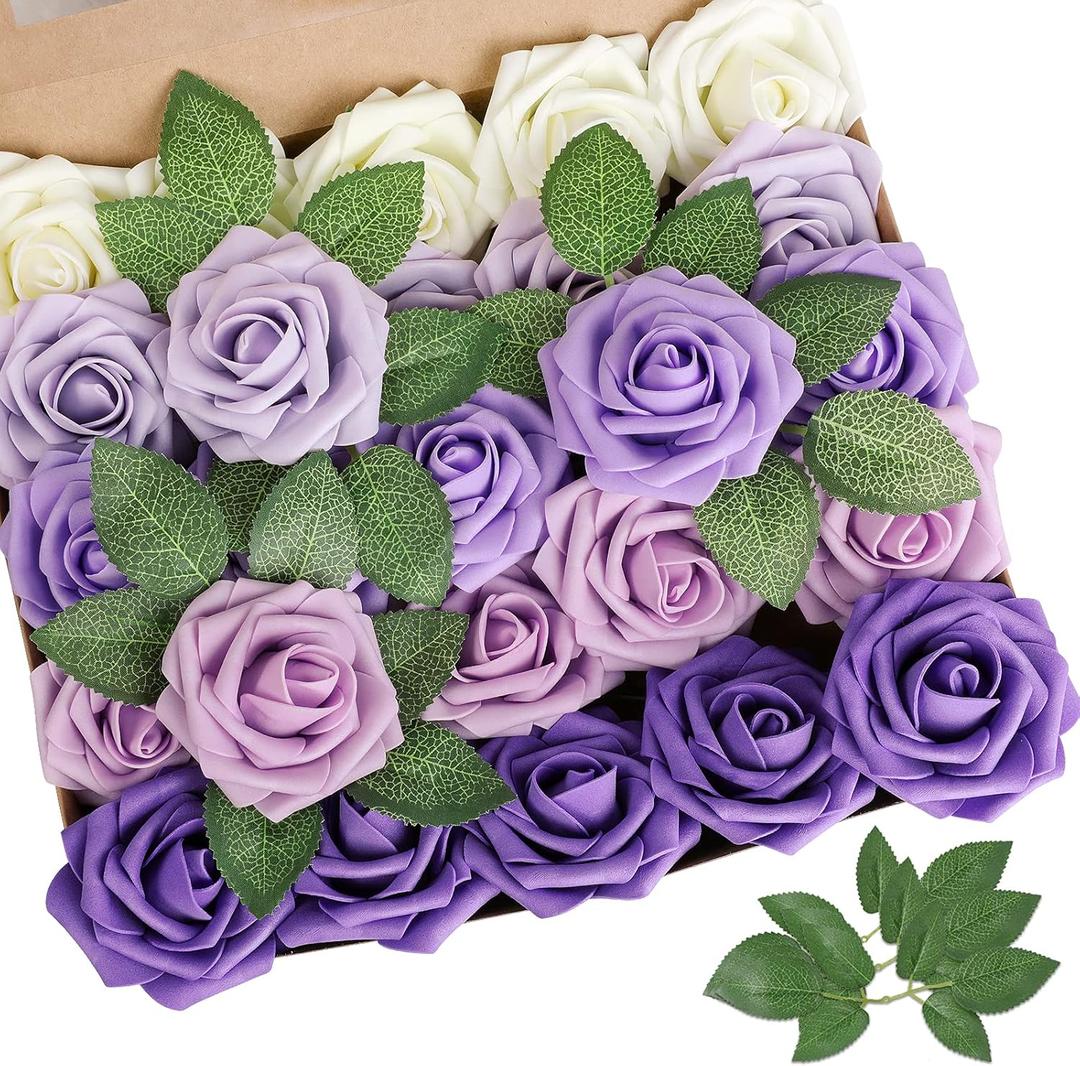 AmyHomie Artificial Flower Seriesc Purple Rose 25pcs Real Looking Fake Roses w/Stem for DIY Wedding Bouquets Centerpieces Arrangements Party Baby Shower Valentines Day Christmas Tree Decorations