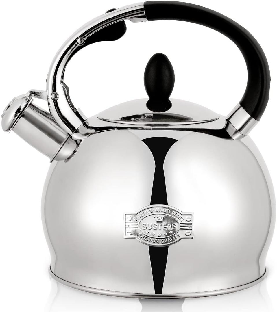 SUSTEAS Stove Top Whistling Tea Kettle - Food Grade Stainless Steel Teakettle Teapot with Cool Touch Ergonomic Handle, With 1 Silicone Pinch Mitt Included, 2.64 Quart(SILVER)
