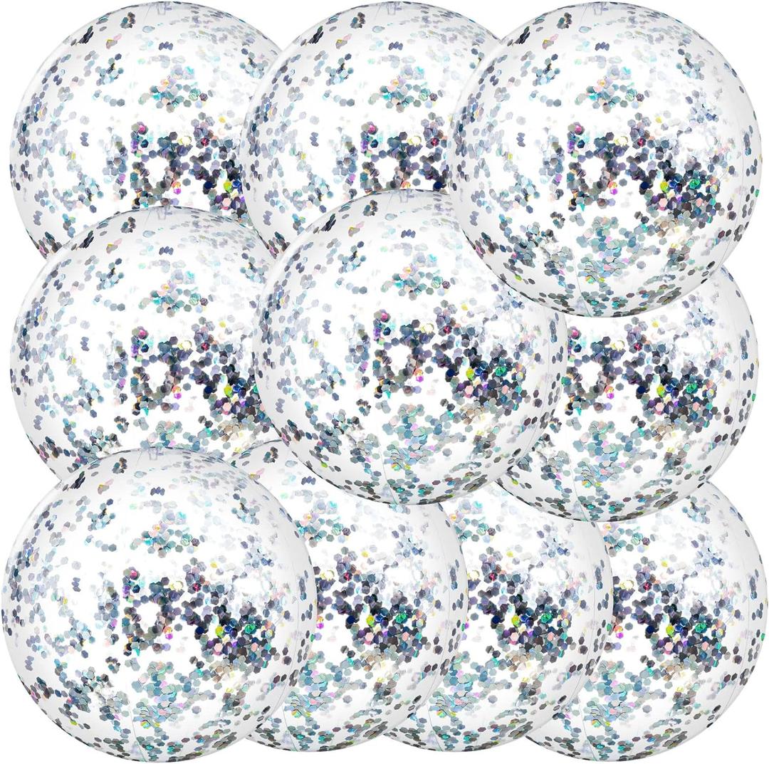 Civaner 10 Pcs Inflatable Glitter Beach Balls 16 Inch Large Sparkly Confetti Pool Balls Clear Blow up Balloon Toys for Wedding Baby Shower Birthday 2026 New Year Party Decoration(Silver,Glitter)