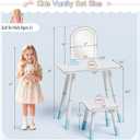 TOLEAD Blue Kids Vanity Table and Chair Set, Adjustable Height Kids Vanity with LED Lights, Princess Girls Vanity Set with Stool, Toddler Make Up Vanity Desk with Storage Space for Little Girls