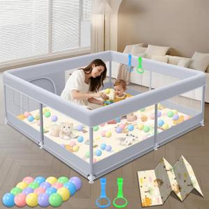 Baby Playpen with Mat, 50x50 Inch Play Pen, Playpen for Babies and Toddlers, Baby Playard for Indoor & Outdoor Active Center Game Fence, with Skin-Friendly Fabric and Soft Breathable Mesh (Grey)