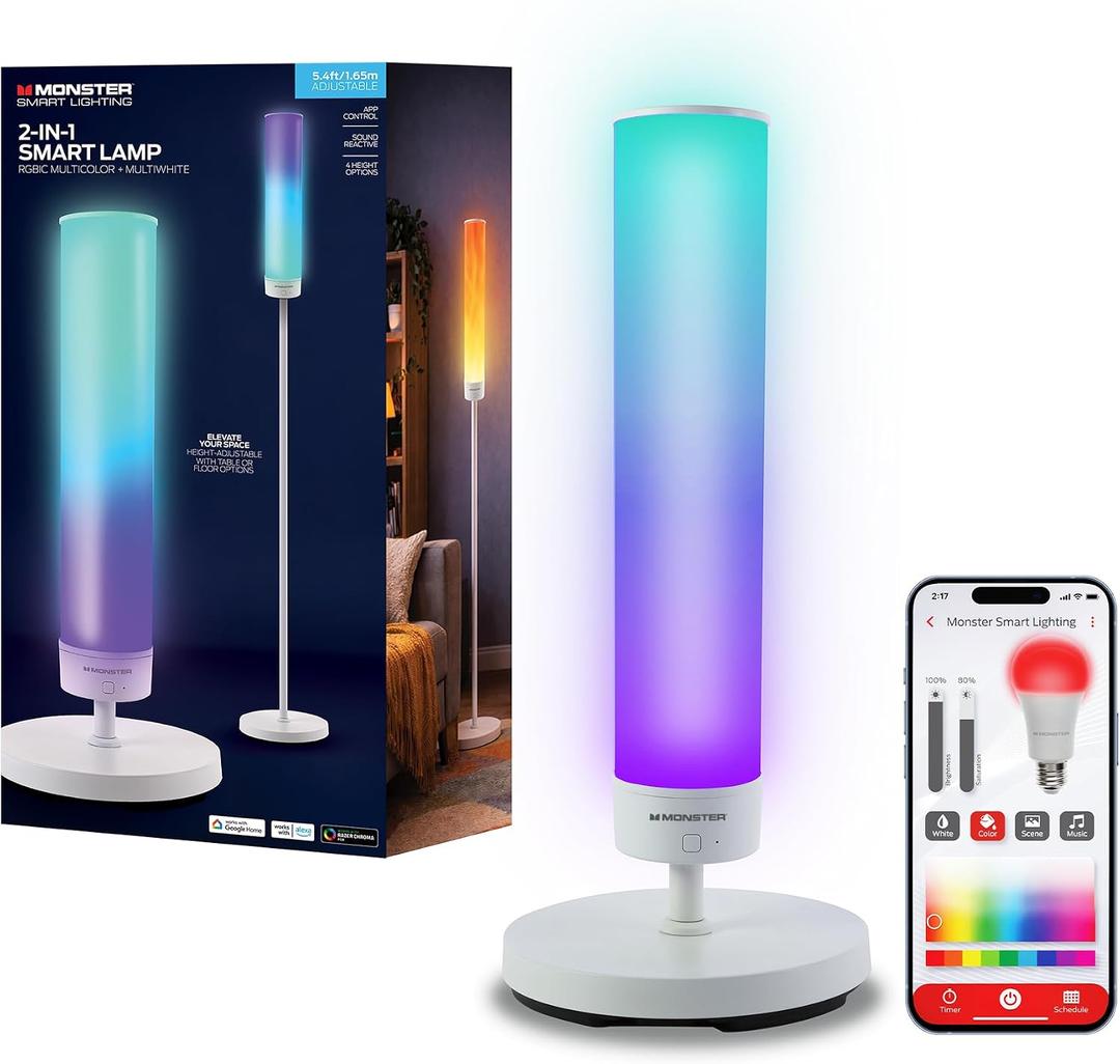 Monster Adjustable Smart Floor Lamp, Multicolor LED Floor & Table Lamp with App & Voice Control, Music Sync, Dimmable Ambient Lighting for Bedroom, Gaming Room & Living Room
