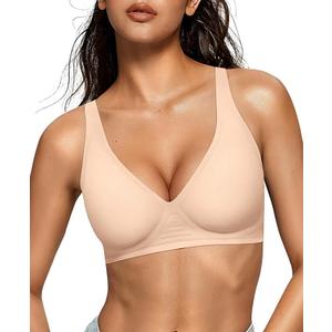 OEAK Womens Deep V Bras Wireless Comfortable Bra Supportive No Underwire Bras Tshirt Push Up Bralettes Plunge Seamless Bra (X-Large, Blush Nude)