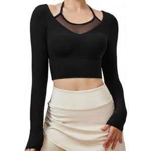 Harssidanzar Women's Yoga Workout Tops 2 in 1 Sports Bra for Gym Athletic Casual Long Sleeve CL312US (Black, S)
