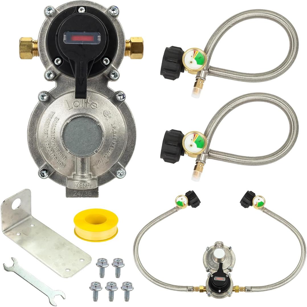 BlueStars [2025 Upgraded] RV Propane Regulator 2-Stage Auto Changeover, 2X 18Inch Pigtails & Gauge  for Dual Propane Tanks to Trailers, Campers, RVs, Stainless Braided QCC1 1/4" Inverted Male Flare