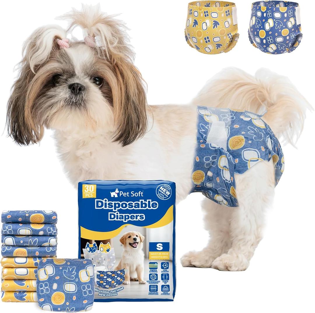 Pet Soft Dog Diapers Female Disposable Doggie Diapers with Wetness Indicator, Puppy & Cat Diapers Super Absorbent, Fit for Female Dog in Heat or Incontinence, 30pcs (S, Mixed)
