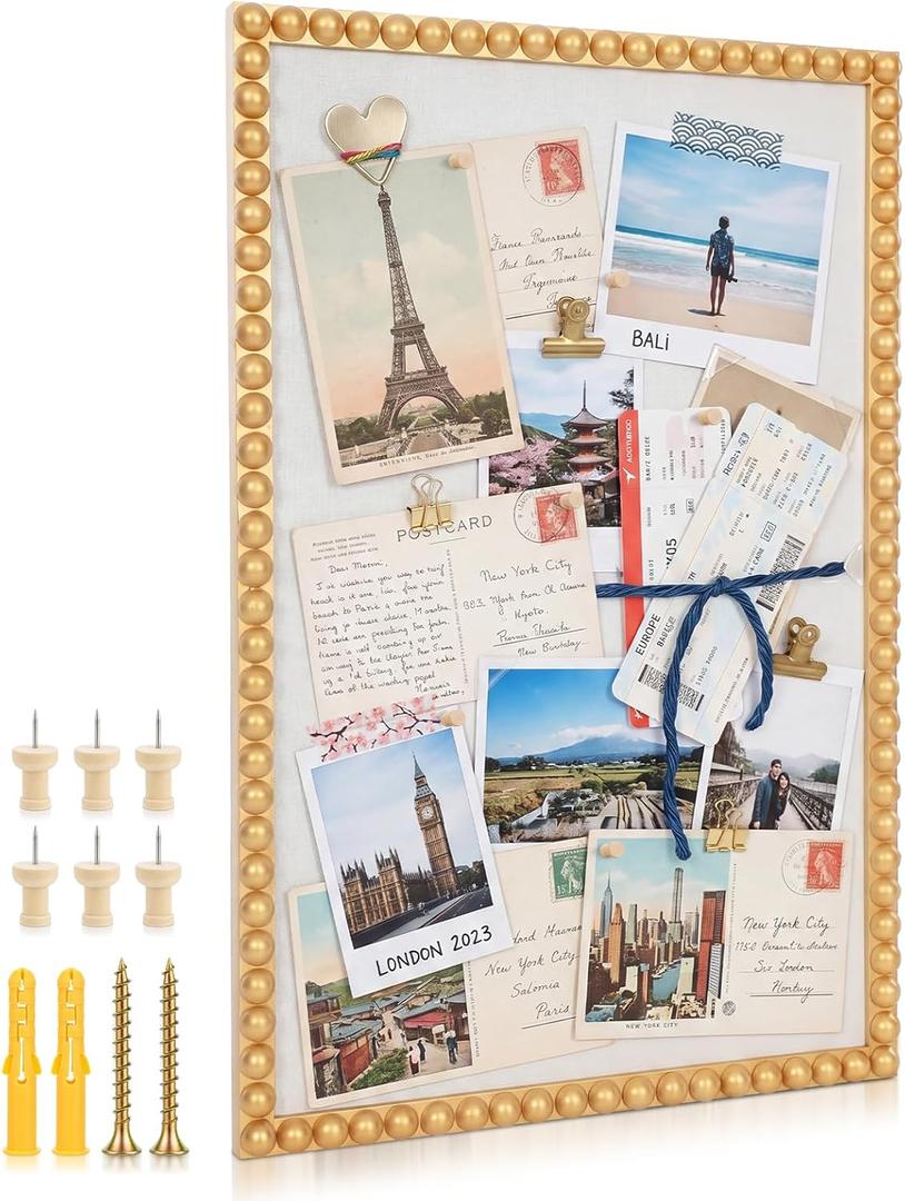 Maitys Bead Pinboard Framed Linen Bulletin Board, Gold, 20 x 30 Inch