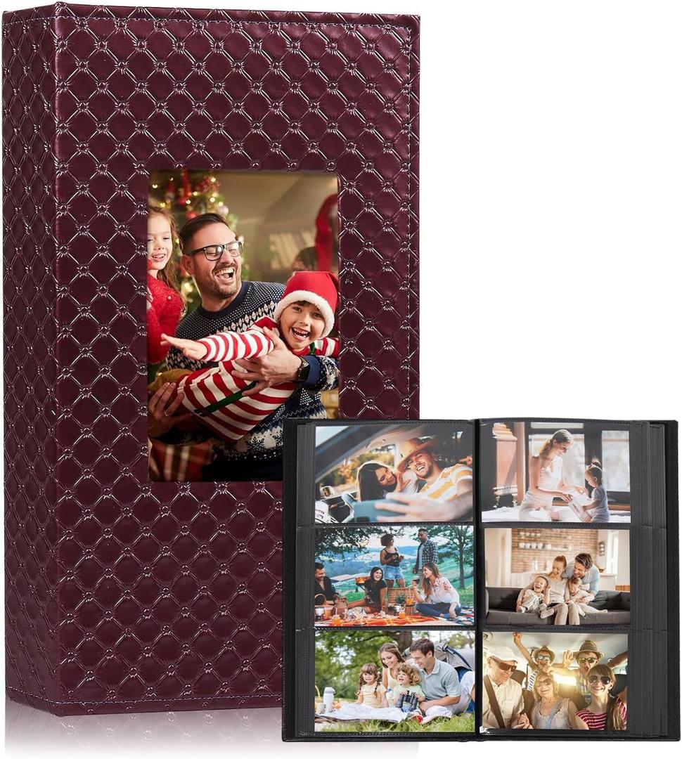 RECUTMS Photo Album 4x6,Holds 300 Photos,PU Leather Picture Album with Black Pages, Horizontal Pockets, Clear Sleeves Memory Book for Family, Travel, Wedding & Gift (Wine Red)