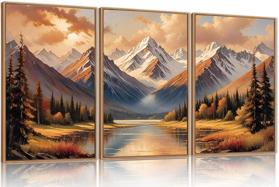 FWIEXA Natural Mountain Framed Canvas Wall Art Set, Pine Tree Forest Modern Wall Decor, Pretty Grassland River Artwork, Woodland Landscape Scenery Prints for Living Room, Office - Size 16"x24"x3