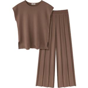 Ekouaer Lounge Sets for Women Two Piece Outfits Knit Cap Sleeve Tops Wide Leg Pleated Pants Casual Dressy Sweater Sets (Brown, M)