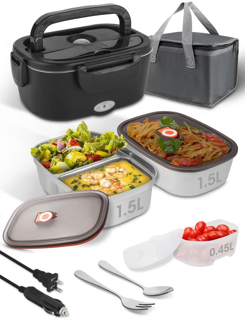 SOHIDA Electric-Lunch-Box-Heated-Food Warmer, 80W Heating Lunchbox for Adults, 2 Pack 1.5L Stainless Steel Containers, 12/24/110V Lonchera Elctrica Porttil for Work/Car