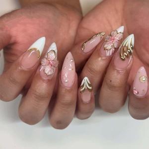 Gold Flower Press on Nails, Almond Shape Fake Nails, French Tip False Nails with 3D Jelly Floral Designs, Medium Lenght Pearl Charm Acrylic Nails, Glossy Pink Full Cover Glue on Nails