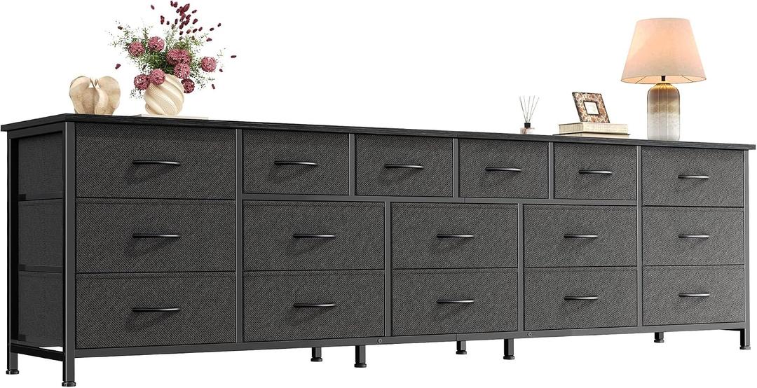 Huuger 77.6" Long Dresser for Bedroom, 16 Drawer Fabric Dresser for Closet, Wide Chest of Drawers with Storage, TV Stand for 65, 75, 85 Inch TV, 77.6" W x 12.9" D x 26.7" H, Black