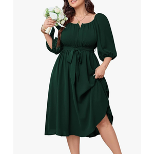 SCOMCHIC Women Plus Size Midi Dresses Puff Short Sleeve Square Neck Wedding Guest Elegant Flowy Belted A Line Dress 1 XL