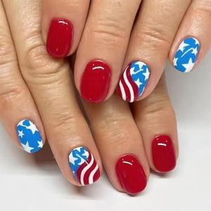 4th of July Press On Nails Extra Short Square,YEFIUO Red Fake Nails Press ons Nail Art Tips Acrylic Nail Kit Glue on Nails Full Cover False Nail with Striped Pentagram Glossy Design for Ma'am 24 Pcs 2 Pack