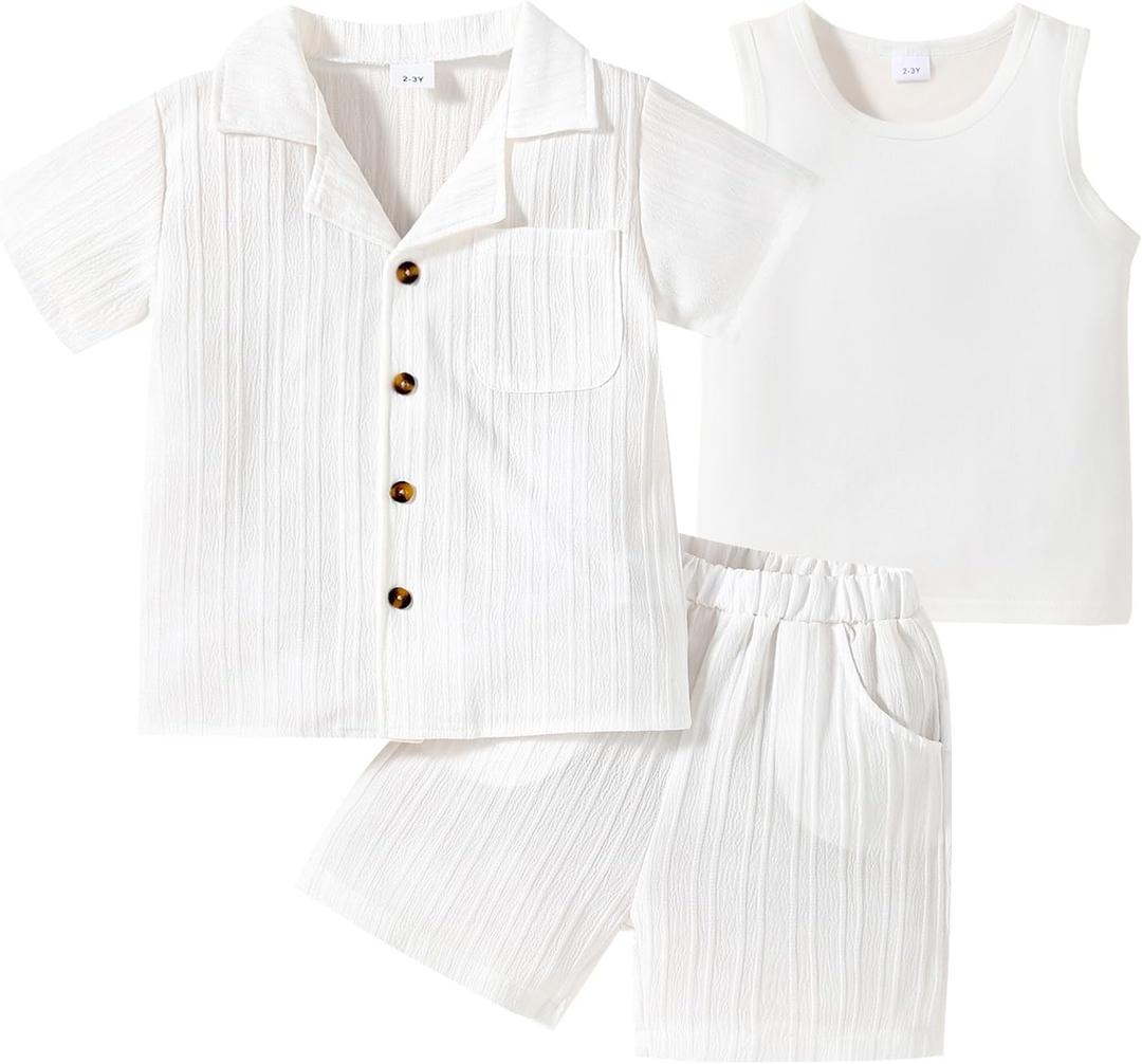 Kid Toddler Boy Clothes Short Sleeve Button-Down Shirt+Shorts+White Vest Summer Clothing Set 2-12 Years (White, M)