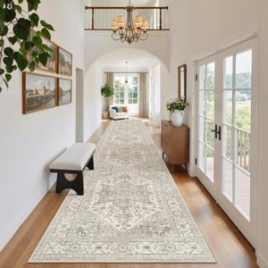 Madane Hallway Runner Rug 2'6''x14', Non Slip Vintage Runners for Hallways Washable Kitchen Rugs Soft Low Pile 2.5x14 ft Rug Runner for Laundry Room, Entryway and Bedroom, Beige/Brown