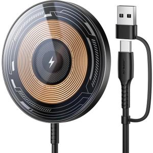 JSAUX Charger for iPhone 17 Magsafe Wireless Charging, Compatible with iPhone 17 Air Pro Max/16/15/14/13/12 Series, Magnetic Mag Safe Charging Pad, Aluminum Alloy, USB & USB C Dual Ports (Clear-Black)